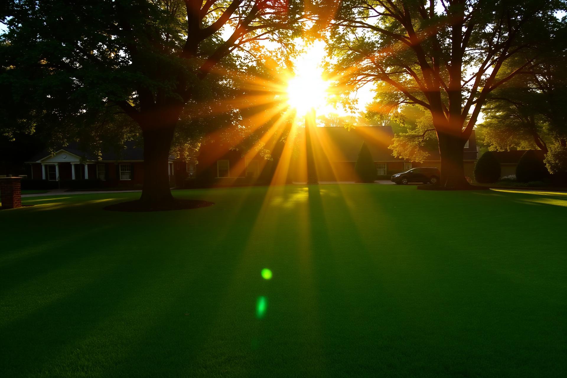 Sunlit manicured lawn at golden hour